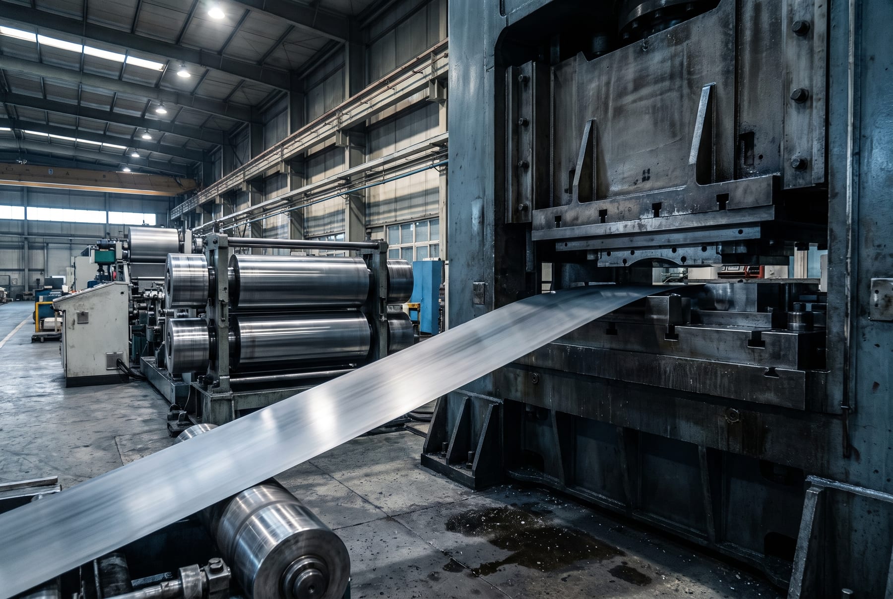 Steel strip feeding through a straightener into a stamping press